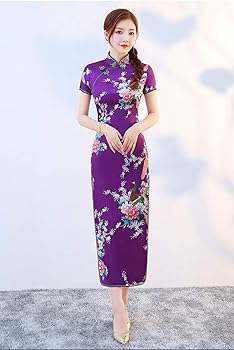 Amazon | [N|A] (古韵) チャイナドレス ロング 人工シルク 半袖 結婚式 プリント柄 クジャク旗袍 チーパオ ドレス 薄手 |  フォーマルドレス 通販